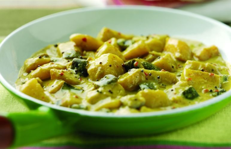 Spiced Potatoes with Aubergine and Coconut Recipe: Veggie