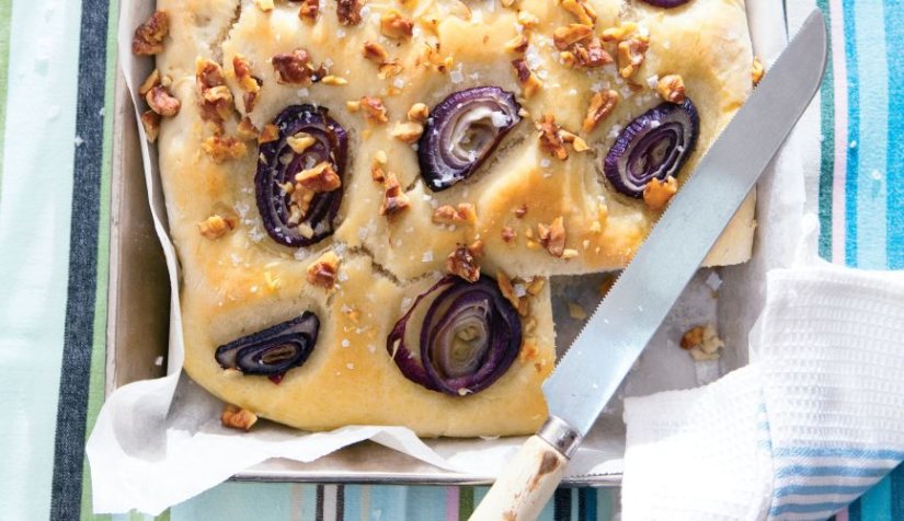 Focaccia with Caramelised Red Onion and Walnuts Recipe: Veggie