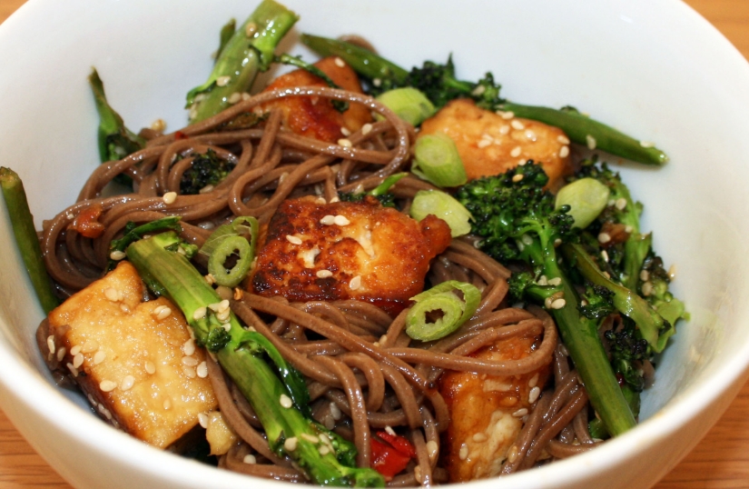 Chili and Ginger Tofu with Purple Sprouting Broccoli