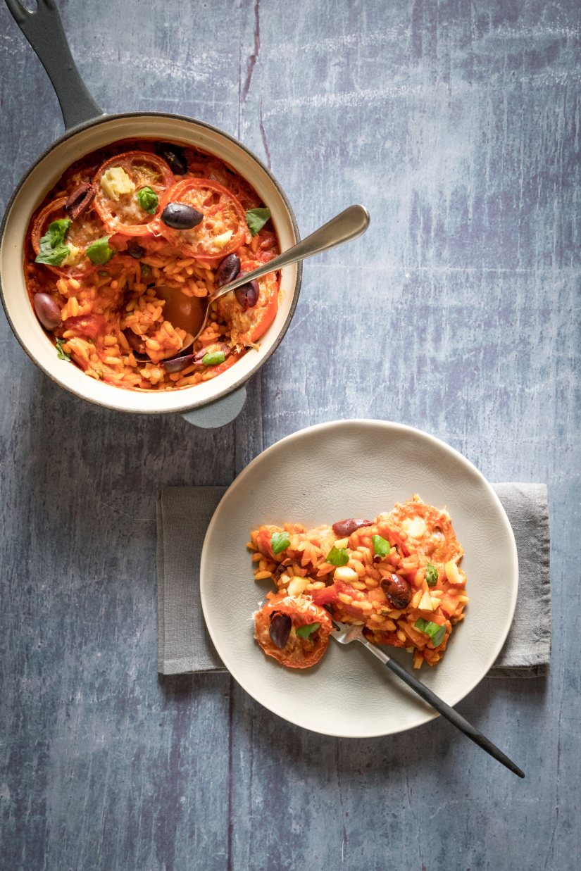 One pot pasta and pearl barley bake with preserved lemon, capers and olives Recipe: Veggie