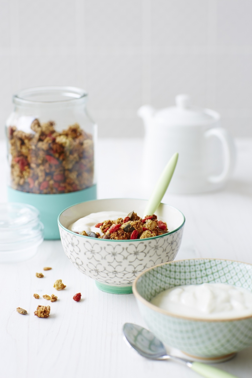 Soya Yoghurt with Coconut topped with Pear and Seed Granola Soya Yoghurt with Coconut topped with Pear and Seed Granola