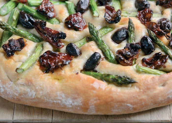 Focaccia with Asparagus, Olives and Sun-dried Tomatoes Recipe: Veggie
