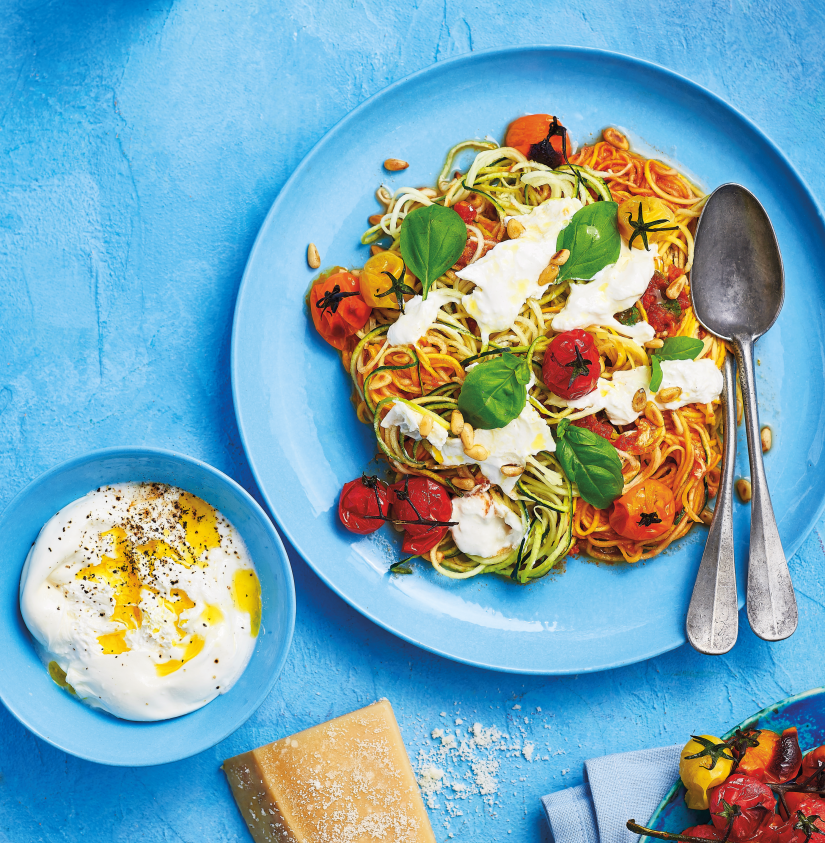 Yellow Courgetti with Balsamic-roasted Heirloom Tomatoes, Basil, Toasted Pine Nuts and Burrata