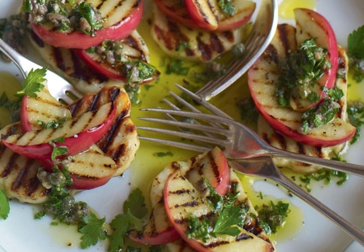 BBQ Halloumi and Pink Lady Apple Wedges with Caper and Herb Dressing