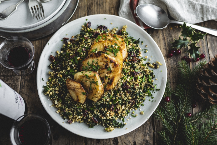 Baked Celeriac with Spiced Quinoa, Kale & Hazelnuts