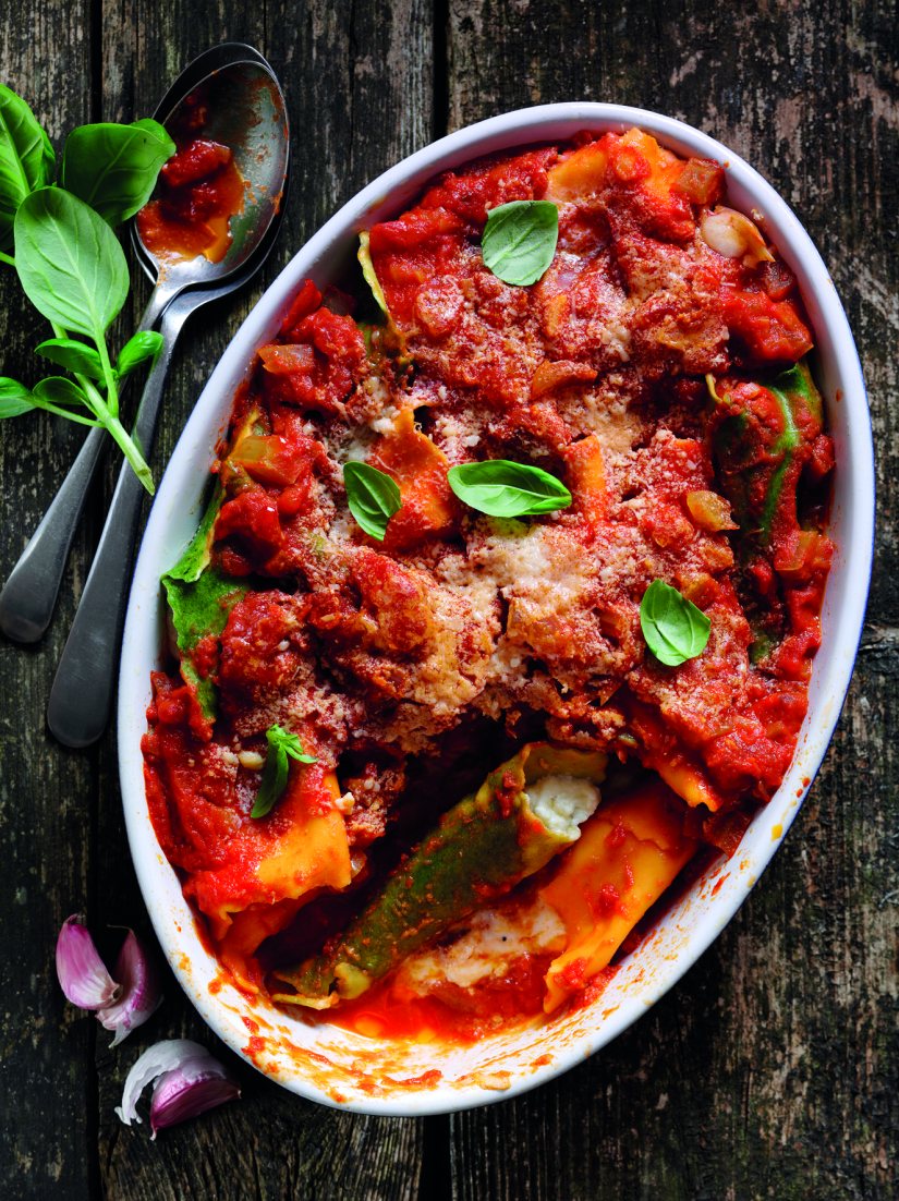 Baked Pasta Cones filled with Ricotta, Mozzarella and Basil with a Tomato Sauce Recipe: Veggie