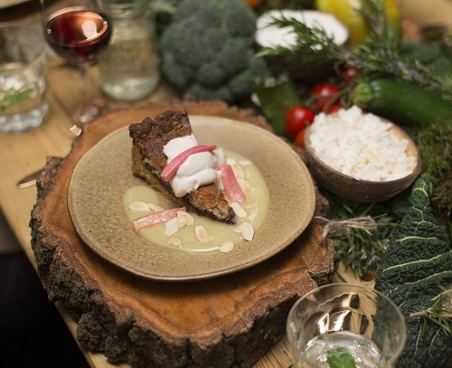 BAKEWELL TART WITH CUSTARD, COCONUT CREAM AND RHUBARB