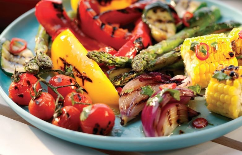 Barbecued Summer Vegetables with Pomegranate Dressing Recipe: Veggie
