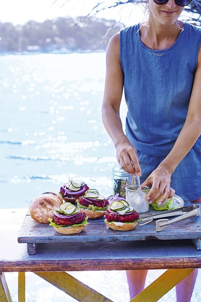 Beetroot burgers with soused cucumbers, soured cream & dill Recipe: Veggie