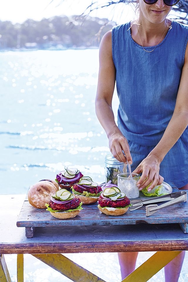 Beetroot burgers with soused cucumbers, soured cream & dill