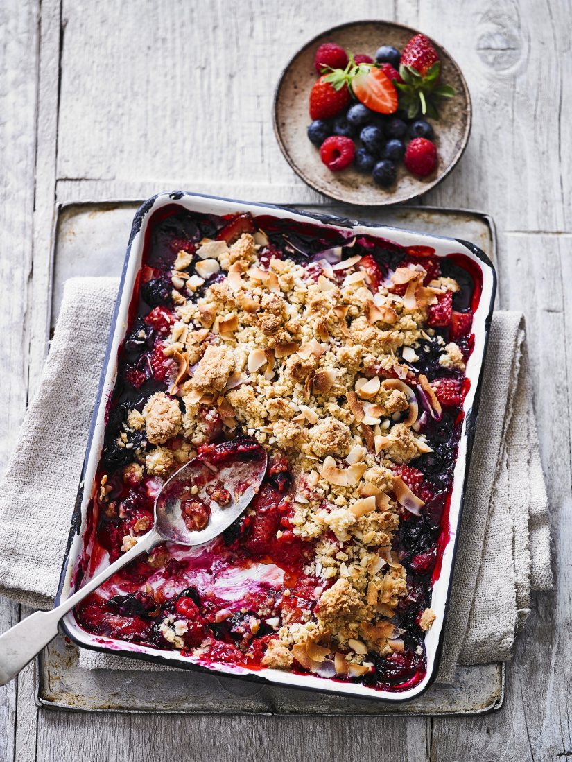 Mixed Berry Bake With Coconut Macadamia Crumble Recipe: Veggie