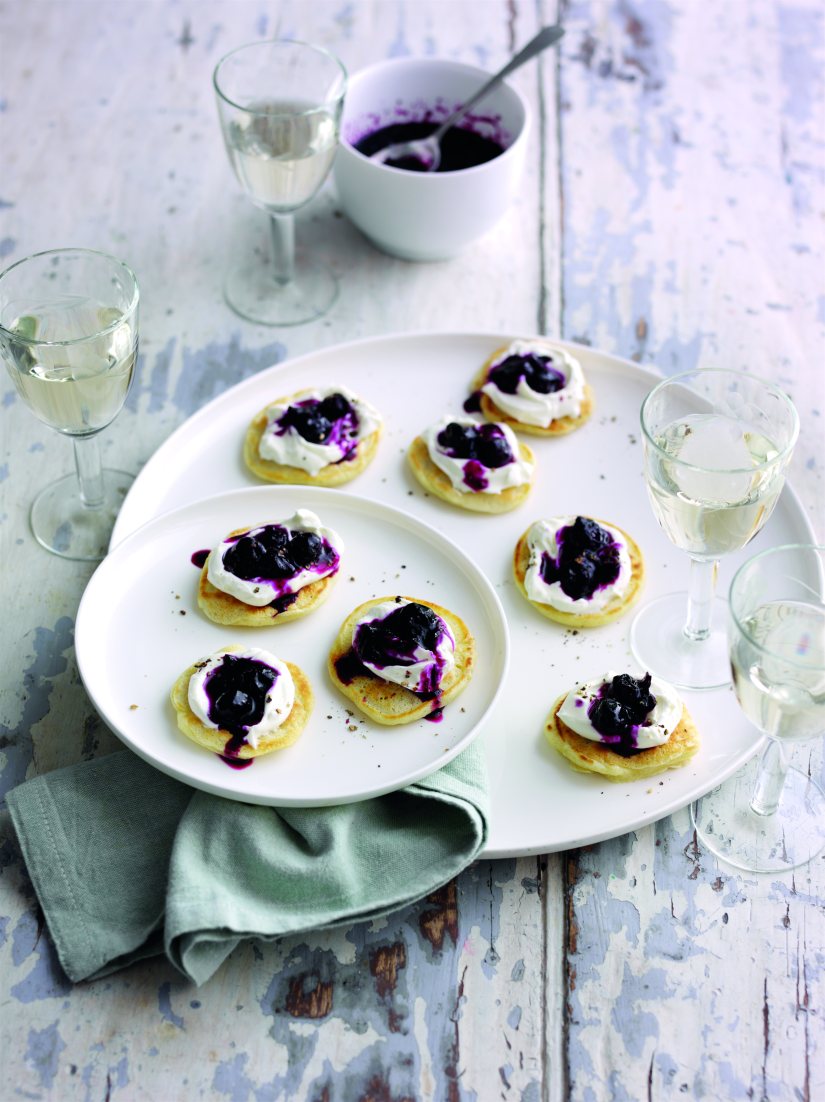 Blueberry Blinis with Whipped Goat’s Cheese and Blueberry and Black Pepper Chutney Recipe: Veggie