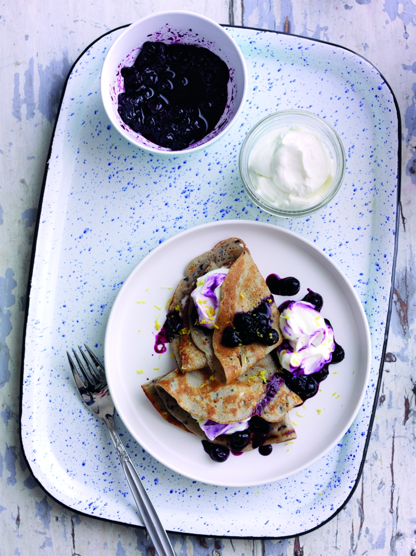 Blueberry Buckwheat Crepes with Greek Yoghurt and Blueberry Lemon Compote