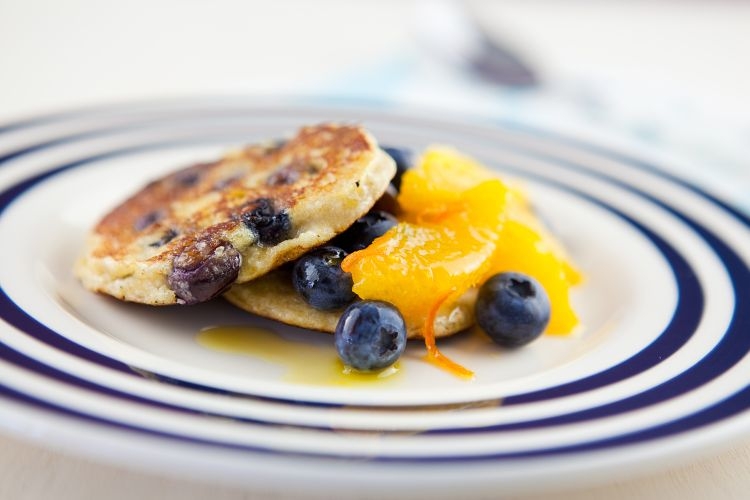 Blueberry  and Coconut Pancakes with Syrupy Oranges