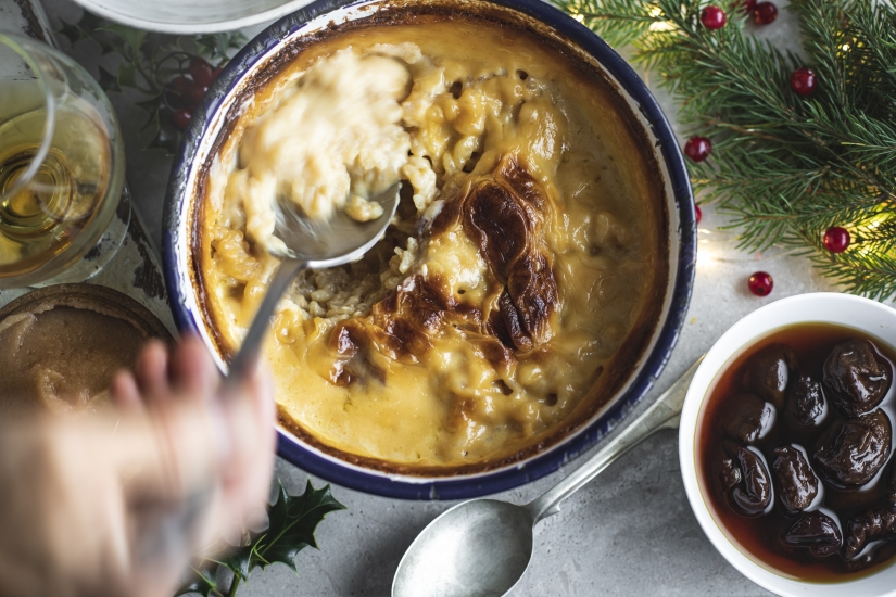 Rice Pudding with Roast Apple Compote & Boozy Prunes