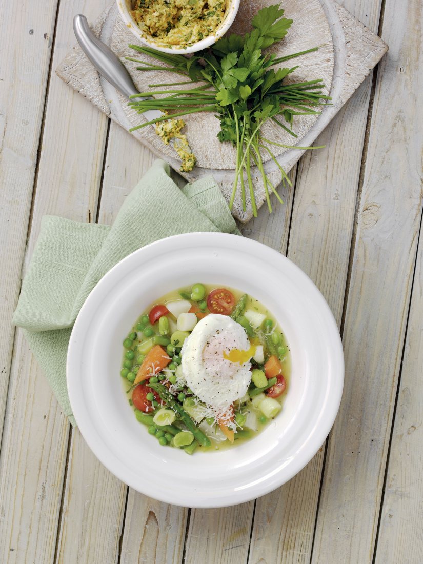 Bruno Loubet’s Spring vegetable and egg ‘cassoulet’ with Carrot and Shallots Mustard Recipe: Veggie