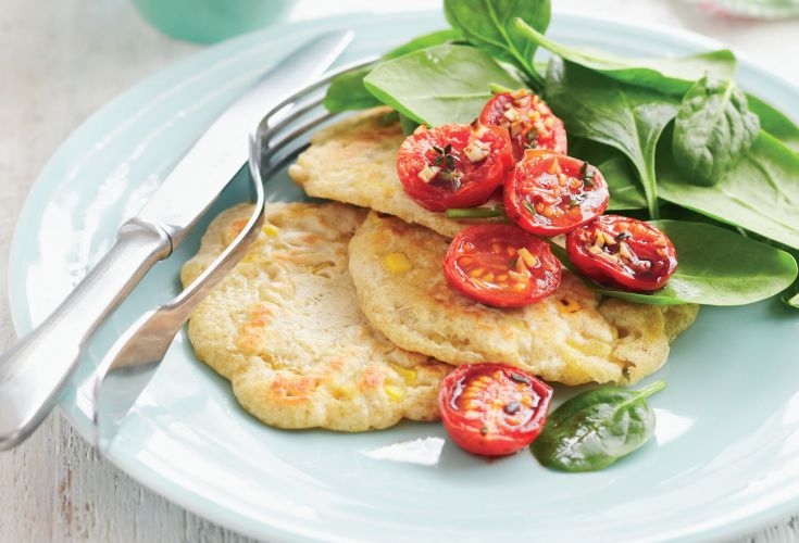 Corn Fritters and Roasted Plum Tomatoes