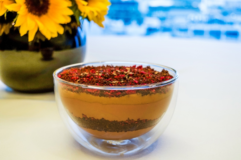 Vegan Chocolate Mousse with Raspberry and Salted Chocolate Crumble