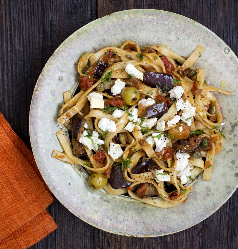 Tomato, Aubergine, Green Olive and Goat’s Cheese Tagliatelle