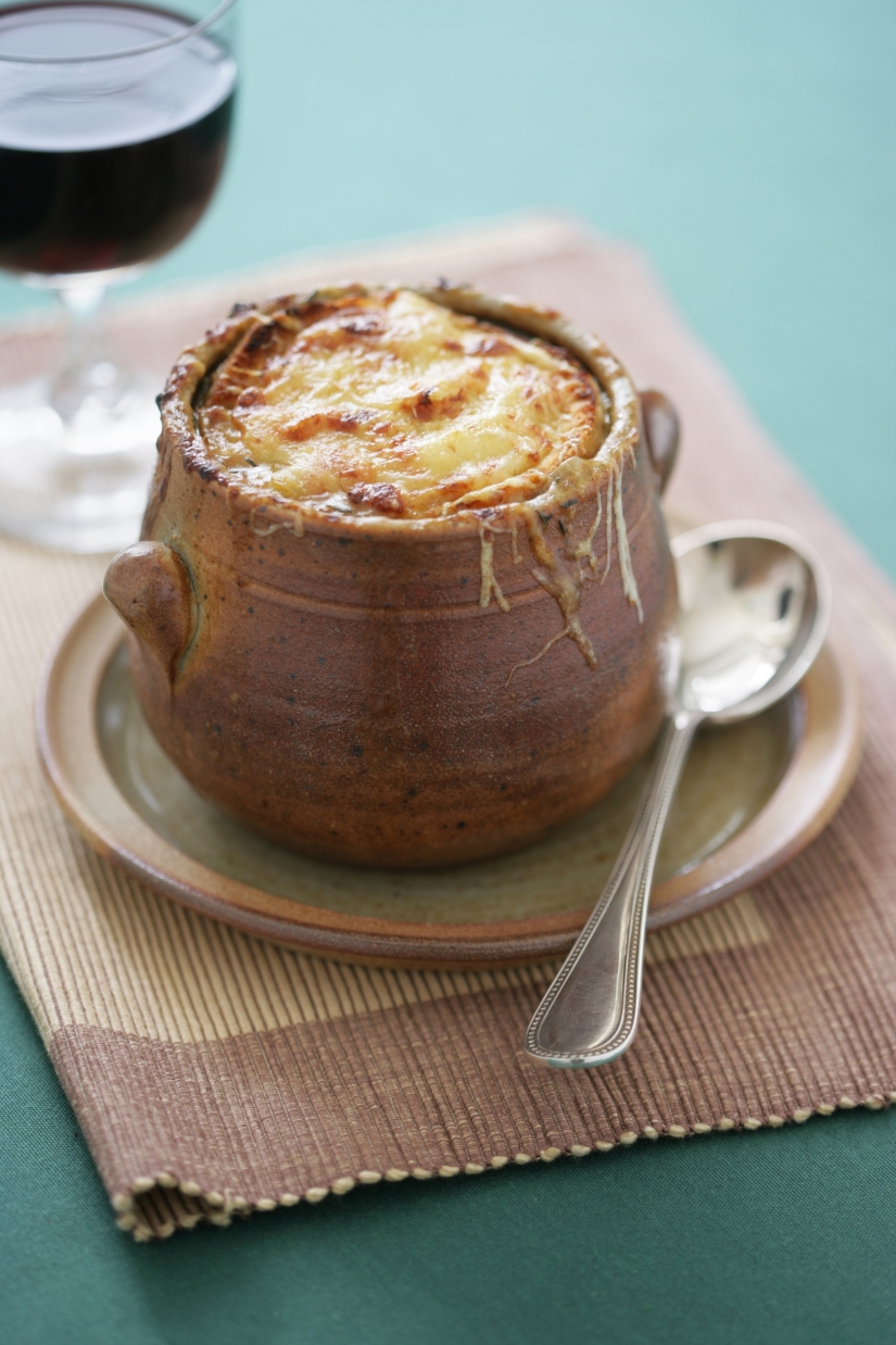 French Onion Soup with Swiss Cheese and Dijon Mustard Croutes
