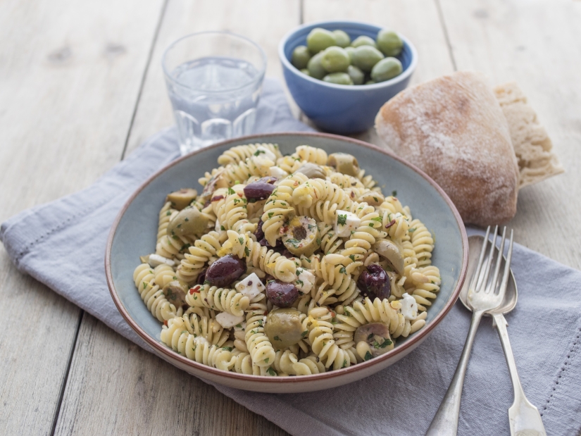 Fusilli Pasta with Sabrina Ghayour’s Mixed Olives with Artichokes & Feta