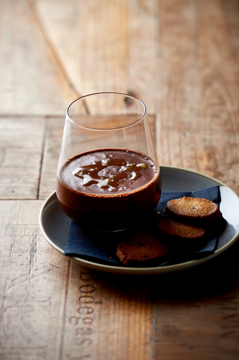Chocolate Pot with Gin Mare Biscuits, Salt and Olive Oil