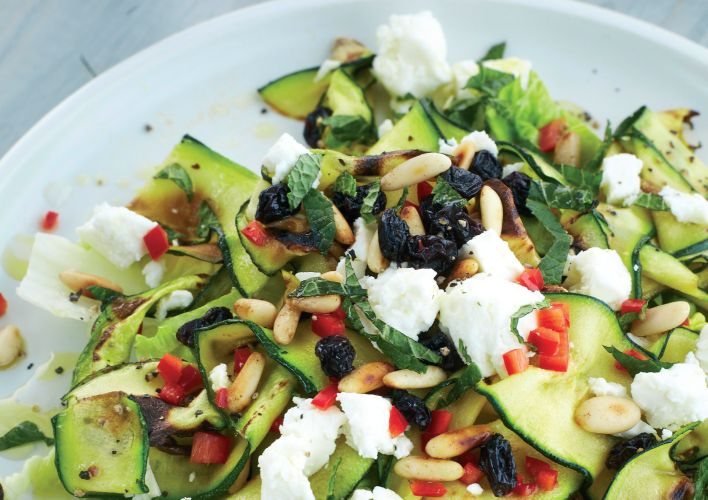 Grilled Courgette Salad with Chilli, Feta and Pine Nuts Recipe: Veggie
