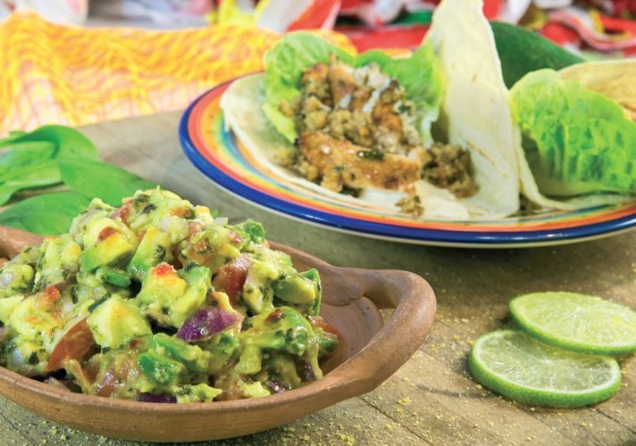 Guacamole with Veggie Chilli and Walnut Burritos