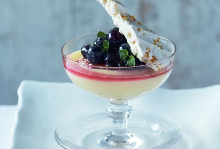 Lemon Verbana Posset with Blueberry Compote and Meringue Shard