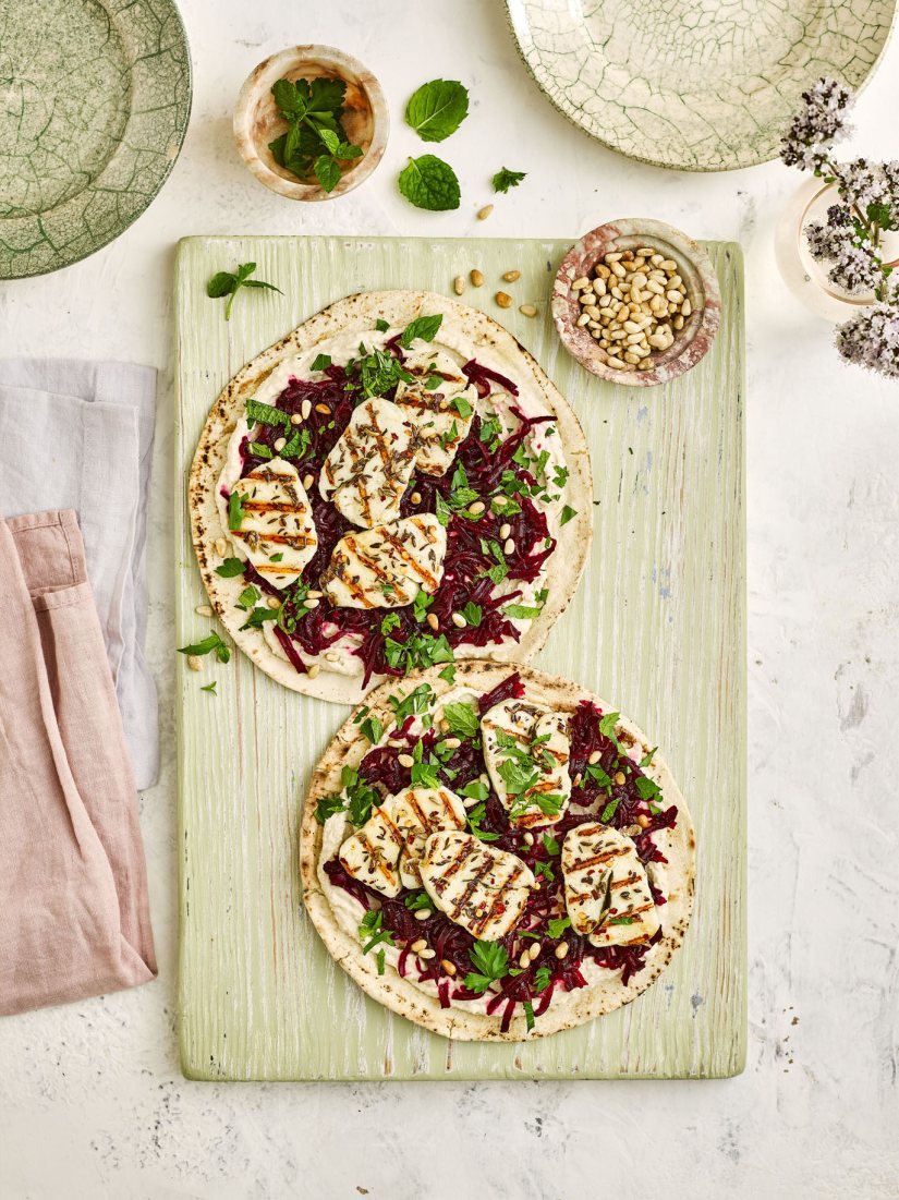 Love Beet Sweet + Smoky Shredded Beetroot Wraps with Griddled Halloumi and Hummus Recipe: Veggie