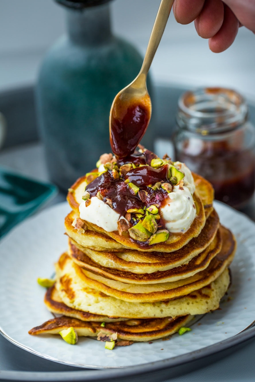 Pancakes with Mascarpone, Pistachios and California Prune & Rose Sauce