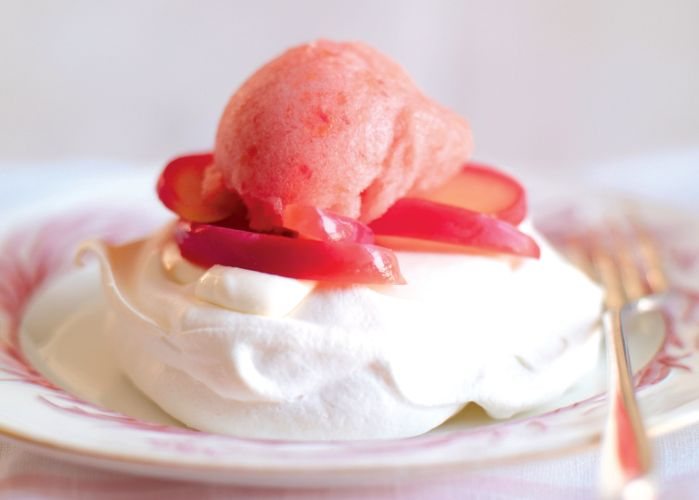 Meringues with Poached Pink Lady Apples and Sorbet Recipe: Veggie