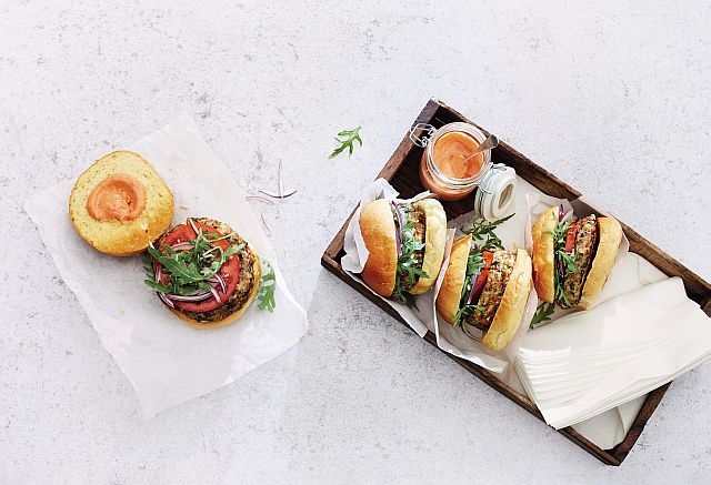 Mixed grain, feta & courgette burgers with harissa mayo