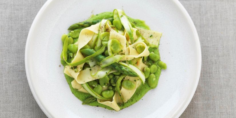 Papardelle with Shaved Asparagus, Broad Beans and Pea Puree Recipe: Veggie