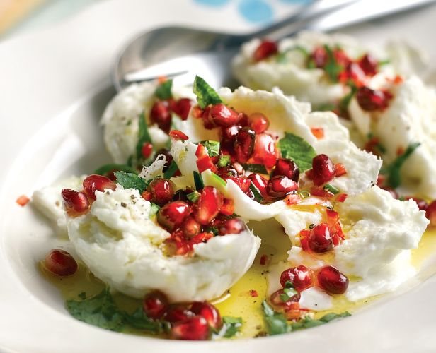 Pomegranate and Mozzarella Salad with a Chilli, Mint and Parsley Dressing Recipe: Veggie