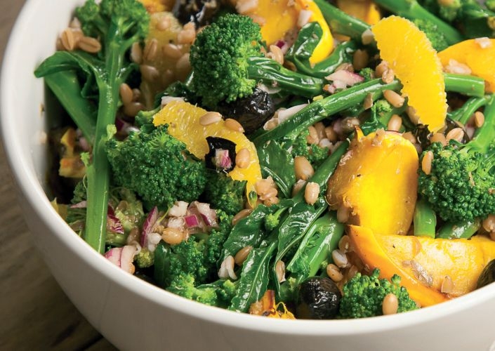 Purple Sprouting Broccoli, Squash and Spelt Salad
