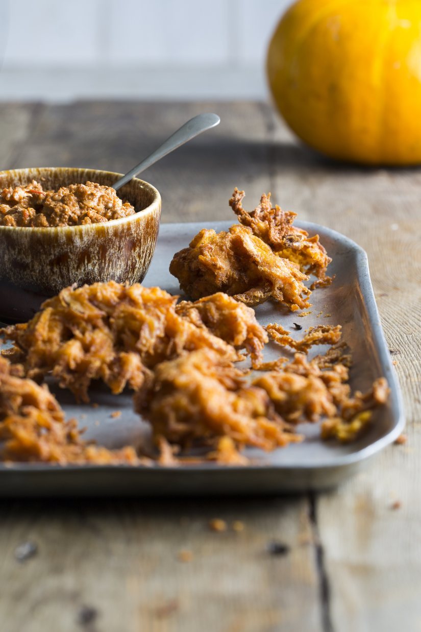 Riverford Pumpkin Fritters with Romesco Recipe: Veggie