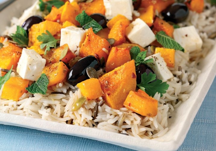 Roasted Butternut Squash and Feta Rice Salad with Soy and Sesame Oil Dressing