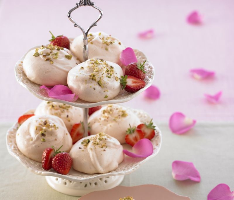 Rosewater and Pistachio Meringues with Fresh Strawberries and Vanilla Cream