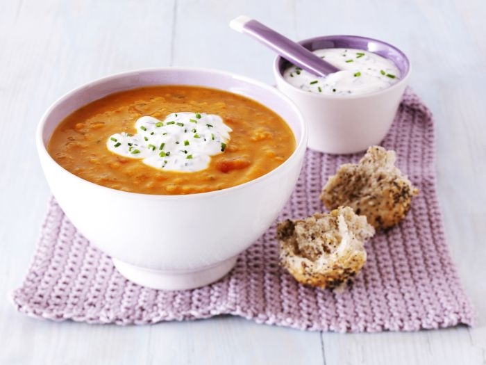Spicy Tomato Soup with Sour Cream and Chive Dip