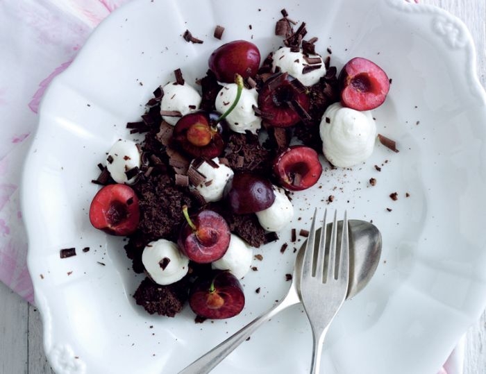 Smashed Chocolate Licorice Meringues with Whipped Cream and Cherries