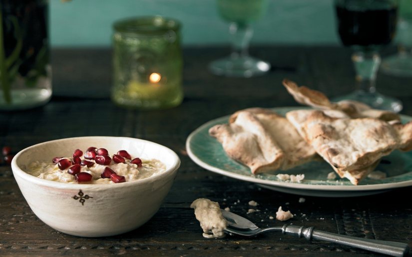 Smokey Aubergine Dip with Toasted Flatbreads Recipe: Veggie