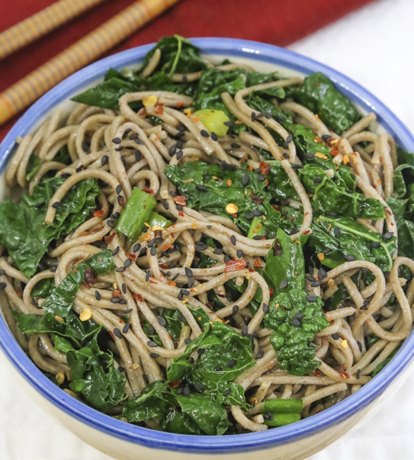 Soba noodles with kale and collards