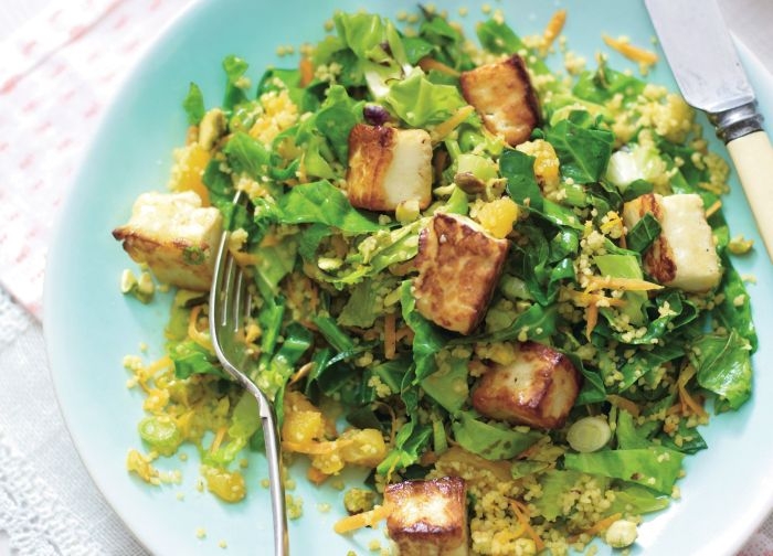 Stir-fried Green Couscous with Halloumi