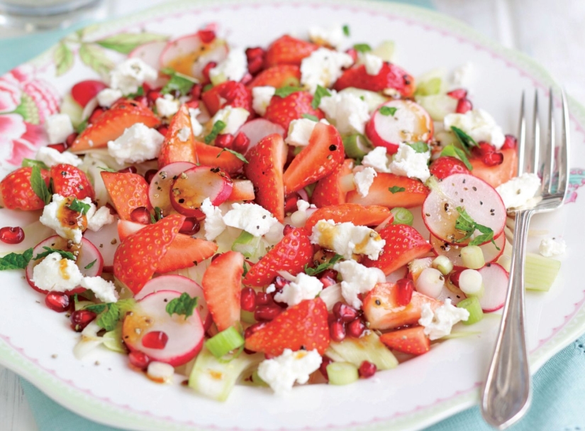 Strawberry, Pomegrante, Fennel, Radish and Mint Salad topped with Crumbled Feta