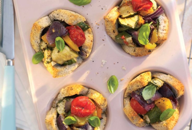 Sunflower and Chia Seed Bread Cups with Roasted Mediterranean Vegetables