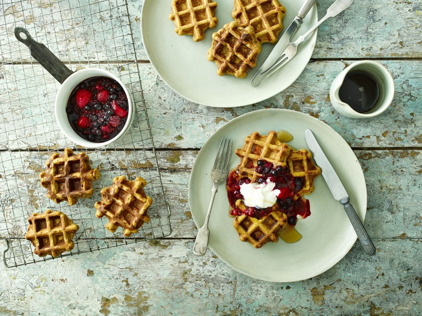 Sweet Potato and Coconut Waffles with Mixed Berries