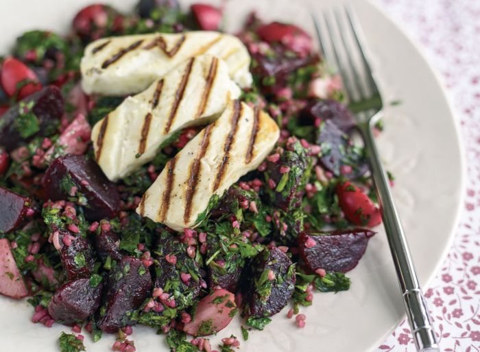 Sweet Chilli Beetroot, Radish, Herb and Bulgur Tabbouleh with Grilled Halloumi Recipe: Veggie