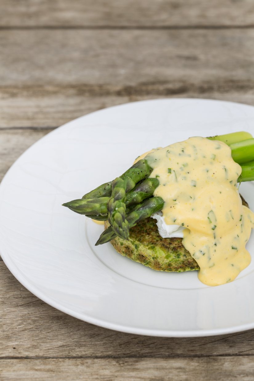 Tom Aikens’ Organic Asparagus with Pea Pancakes, Herb Sabayon and Poached Eggs Recipe: Veggie