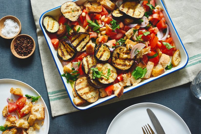 Tuscan Bread Salad with Aubergine and Maple Syrup Recipe: Veggie